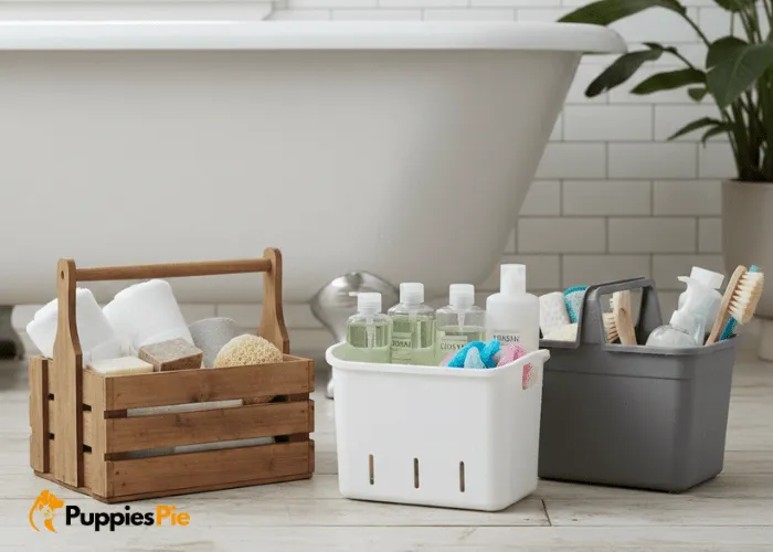 Choosing a wooden crate or plastic caddy as the base for a DIY dog bath organizer.