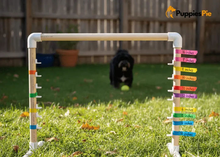 Adding adjustable height markers with colored tape to a DIY dog agility jump bar for flexible training.