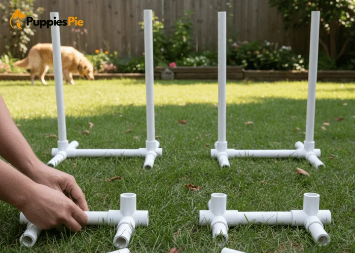 Assembling the PVC base for a DIY dog agility jump, ensuring stability and safe approach for dogs.