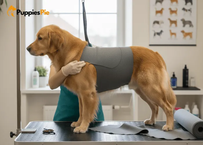 Trimming and shaping the belly area of upcycled baby clothes for a comfortable, functional dog fit.