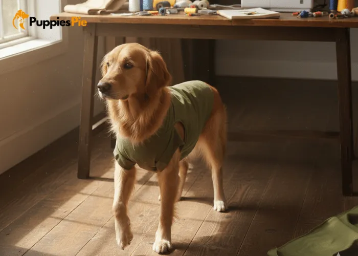 Trying on the upcycled dogwear and adjusting neck, chest, sleeves, and edges for a comfortable fit