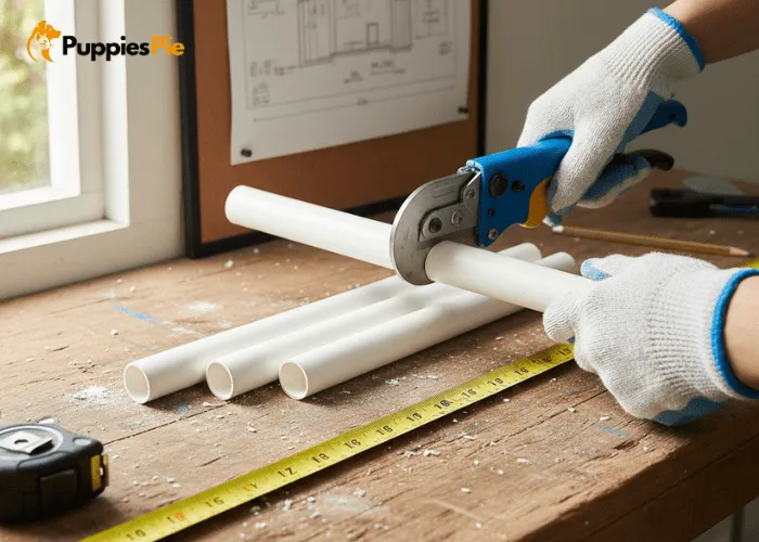 Cutting PVC pipes to precise lengths for a sturdy DIY dog agility jump frame.