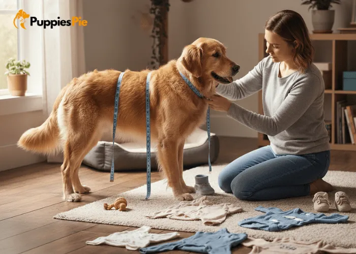 Guide showing how to measure a dog’s neck, chest, length, and leg height for properly fitting upcycled dogwear