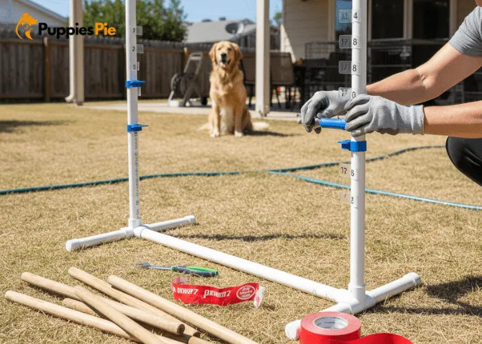 Maintaining a DIY PVC dog agility jump by tightening connectors, replacing worn parts, and checking height markers.
