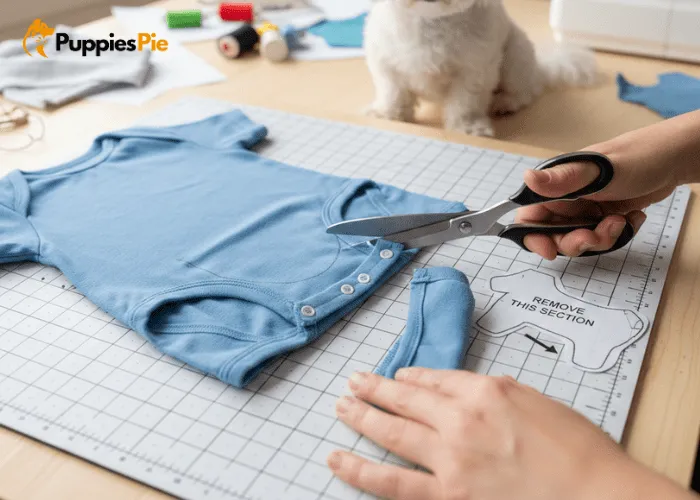 Trimming a baby onesie by removing snaps and cutting the bottom curve to create a comfortable dog shirt.