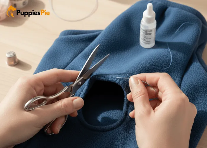 Adding a small U shaped tail opening to baby clothing when converting it into comfortable dogwear.