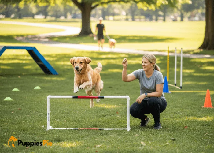 Safety tips for dog agility training, including warm-up, low bar height, and secure, hazard free surfaces.