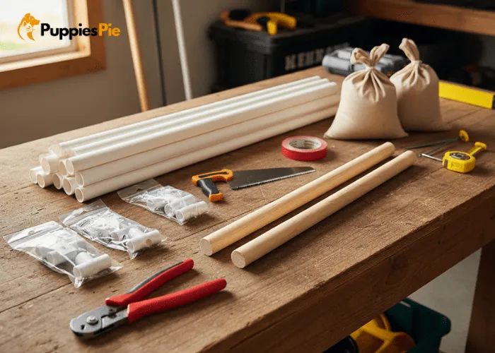 Tools and materials for building a safe DIY dog agility jump at home using PVC pipes and connectors.