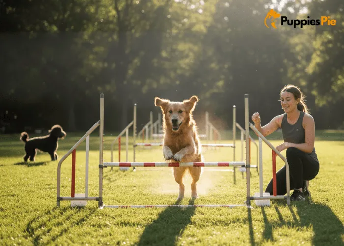 Dog agility training progressions with gradual jump height increases and safe practice techniques.